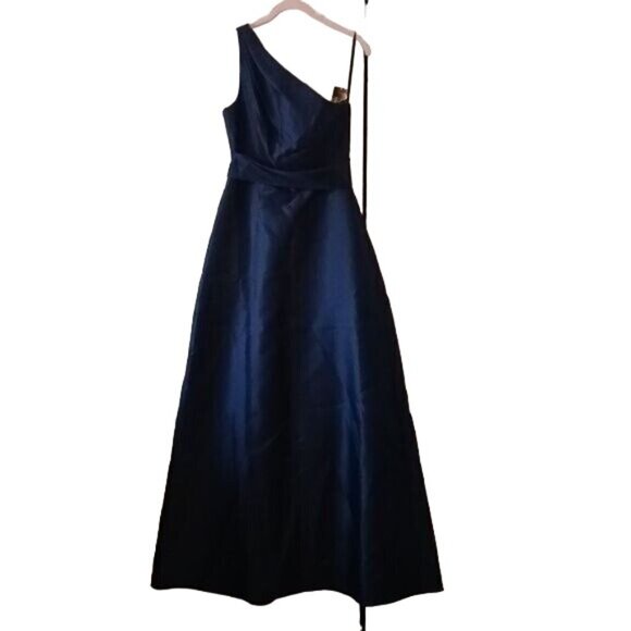 NEW Alfred Sung Draped One-Shoulder Satin Maxi Dress Midnight Navy, Size 2 D815S - Picture 4 of 12